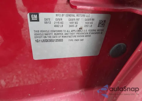 2014 Chevrolet Malibu 2Lz z USA, uszkodzony, nr VIN 1G11J5SX3EU125883